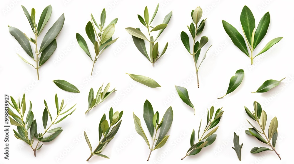 Olive Branches and Leaves Scattered on a White Background Olive Branches and Leaves Scattered on a White Background