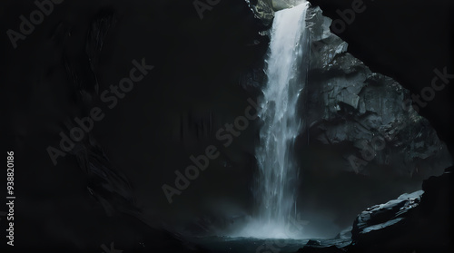 a waterfall coming out of a cave into the water photo