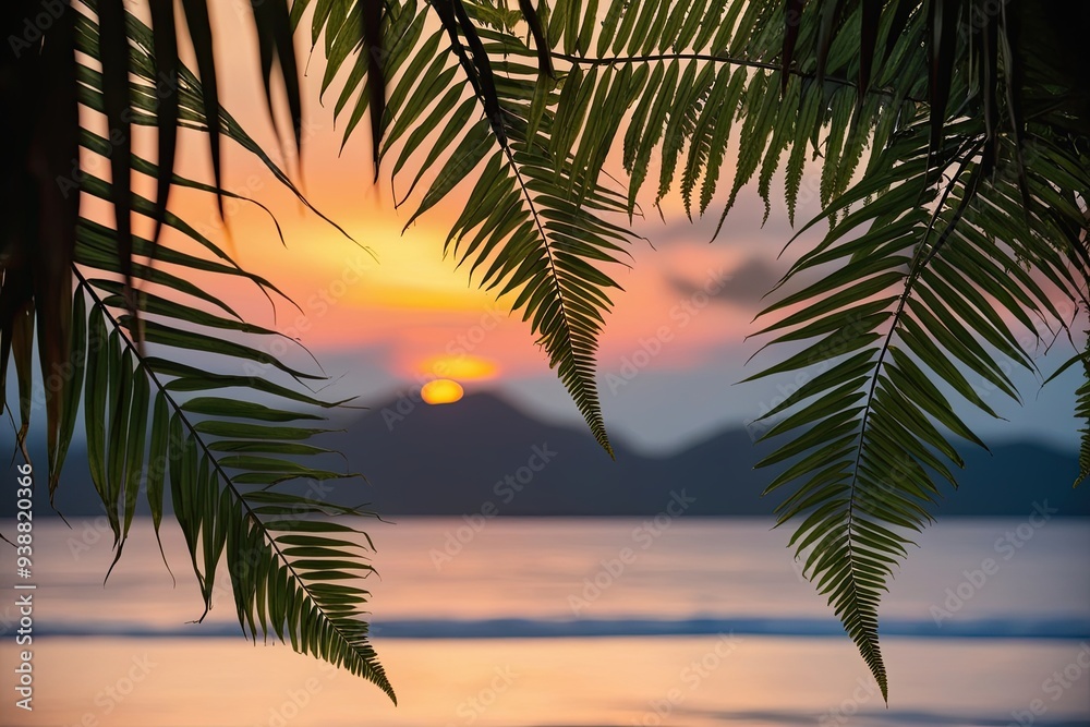 Fototapeta premium Tropical Sunset Ambiance with Layered Palm and Fern Leaves for a Dreamy Atmosphere