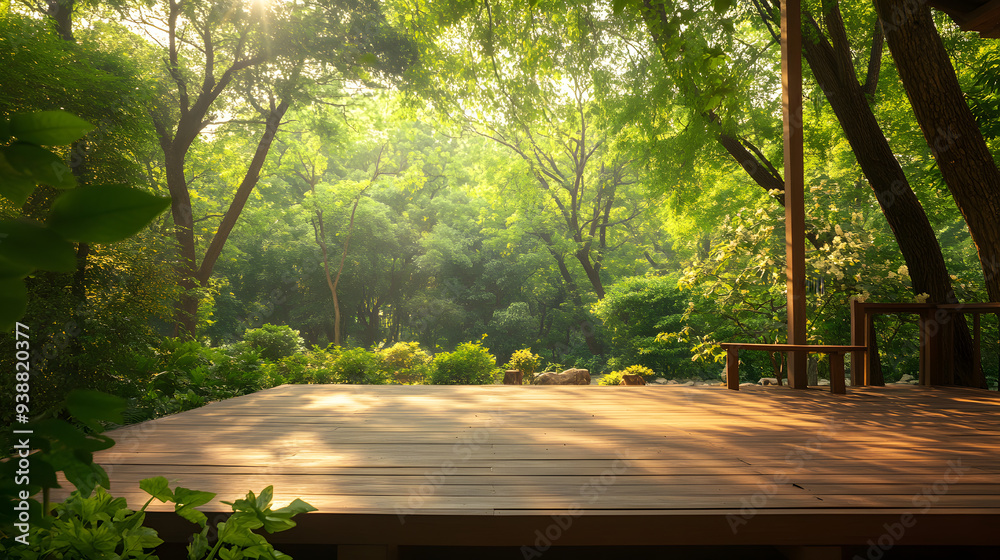 Peaceful Forest Scene with an Aged Wooden Deck and Sunlight Glimmering Through Leaves. Peaceful Forest Scene with an Aged Wooden Deck and Sunlight Glimmering Through Leaves.