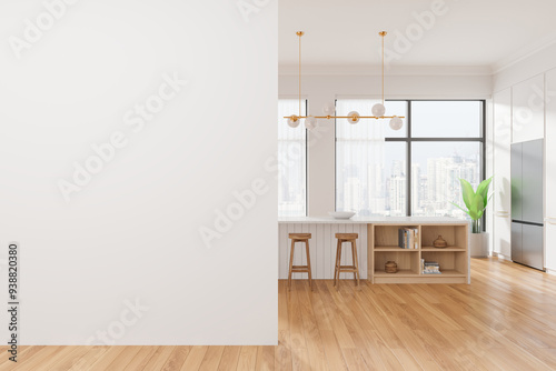 Photography Elegant home kitchen interior with bar counter and fridge, window