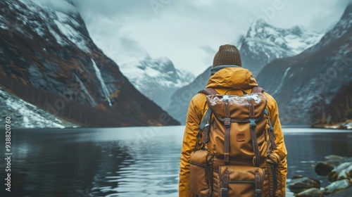 A solitary hiker in an orange jacket with a backpack stands by a serene lake, facing the majestic snowy mountains.