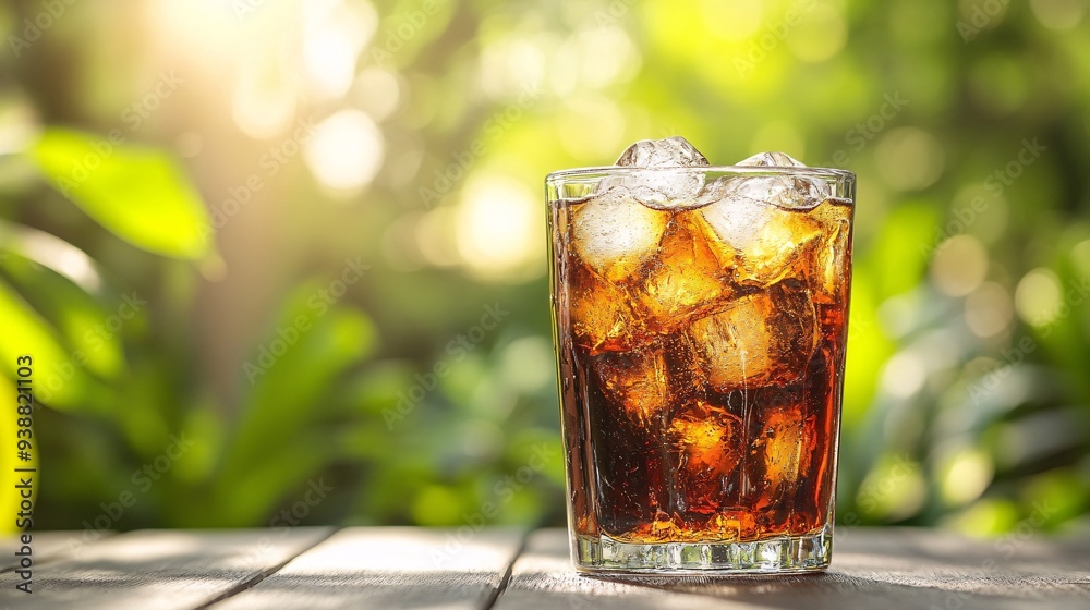 A stylish glass tumbler with cold cola and ice cubes, sitting on a summer patio table with a blurred background of greenery A stylish glass tumbler with cold cola and ice cubes, sitting on a summer patio table with a blurred background of greenery