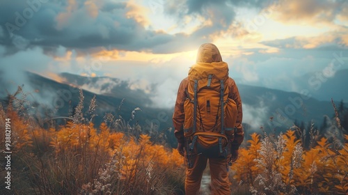 An adventurer adorned in orange gear stands before a misty mountain landscape at dawn, poised for exploration, answering the call of nature.