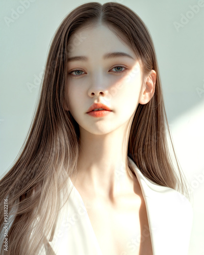 High Quality Detailed, Woman Beauty skin texture, dark hair and white suit, natural light glowing skin, AI generative