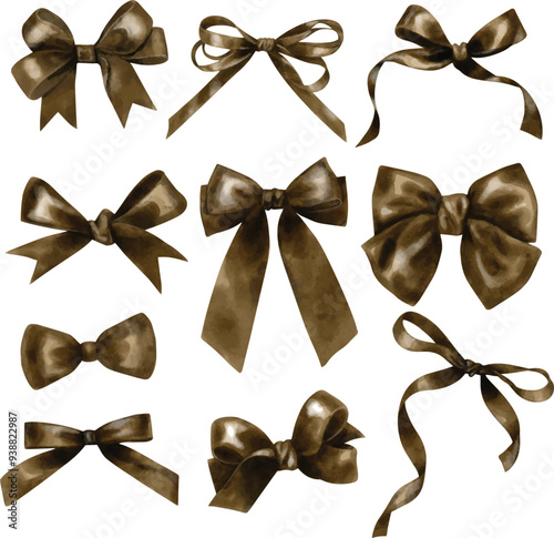 Bows elements vector set  copper brown color isolated on white in watercolor stye