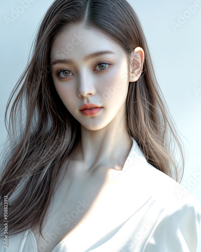 High Quality Detailed, Woman Beauty skin texture, dark hair and white suit, natural light glowing skin, AI generative