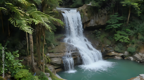 a waterfall in the middle of a forest with a pool