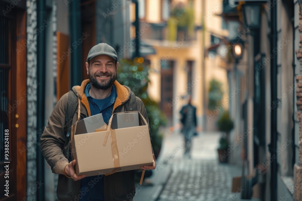Happy deliverer carrying packages while making home delivery to his customer. Happy deliverer carrying packages while making home delivery to his customer.