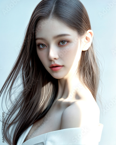 High Quality Detailed, Woman Beauty skin texture, dark hair and white suit, natural light glowing skin, AI generative