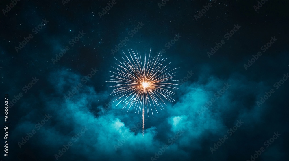 Fototapeta premium Fireworks Exploding in Night Sky with Clouds