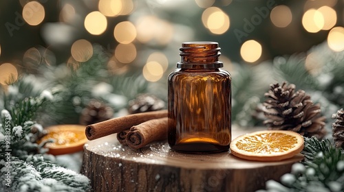 Wallpaper Mural Amber glass cosmetic bottle on wooden podium with cinnamon sticks, orange slice, pine cone, and tree branch. Torontodigital.ca