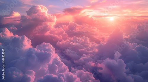 A stunning sunset casts warm hues of pink, purple, and orange over the clouds and water, creating a surreal and dreamlike landscape.