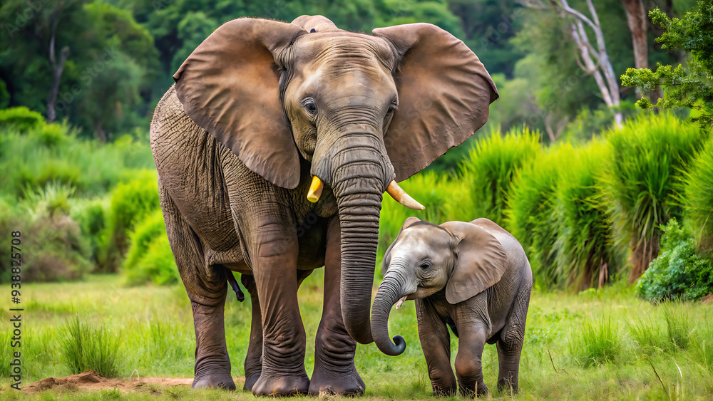 Fototapeta premium Gentle Elephant Mother and Cute Baby Calf in the Wild