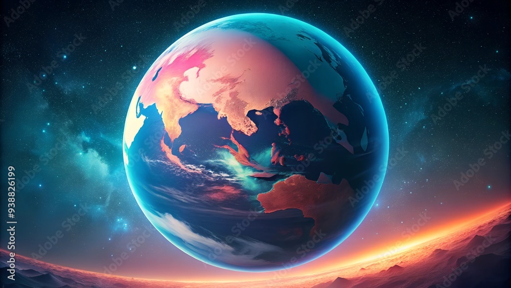 Illustration of planet Earth in space with vibrant colors and a glowing halo, globalization and ecology concept