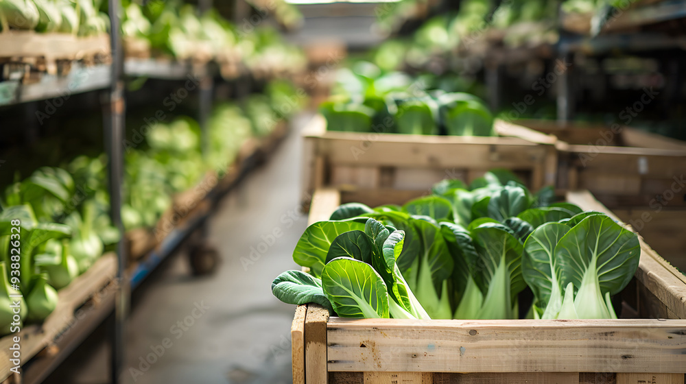 Napa cabbage harvested in wooden boxes in a warehouse. Natural organic fruit abundance. Healthy and natural food storing and shipping concept. Napa cabbage harvested in wooden boxes in a warehouse. Natural organic fruit abundance. Healthy and natural food storing and shipping concept.