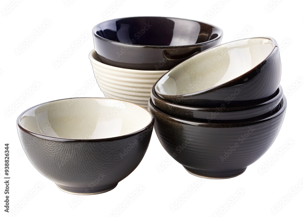 A set of four black and white ceramic bowls are arranged on a white background. The bowls are stacked on top of each other, with one bowl lying on its side. The bowls have a textured surface and are s A set of four black and white ceramic bowls are arranged on a white background. The bowls are stacked on top of each other, with one bowl lying on its side. The bowls have a textured surface and are s