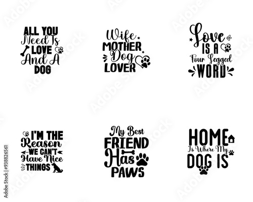 Elegant Dog Quotes, Inscriptions Set Vector Illustration for Bookmark, Banner, Newsletter