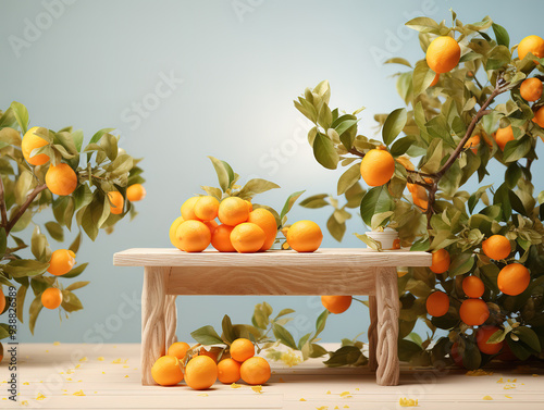 Gorgious Empty wood table with free space over orange trees orange field background