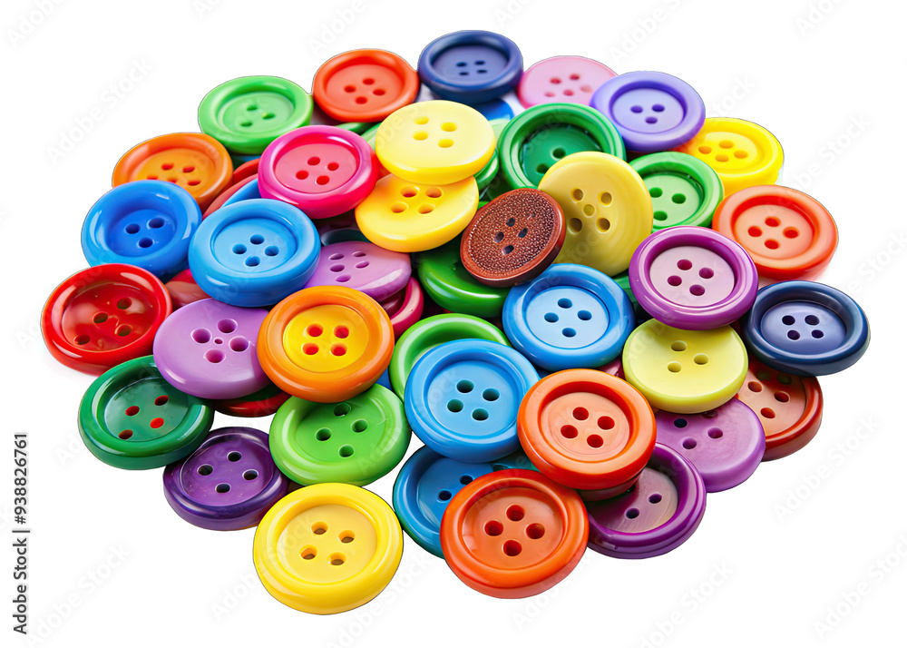 A collection of brightly colored plastic buttons in a variety of sizes and styles are piled together on a white background. The buttons are arranged in a loose, casual manner, creating a colorful and A collection of brightly colored plastic buttons in a variety of sizes and styles are piled together on a white background. The buttons are arranged in a loose, casual manner, creating a colorful and