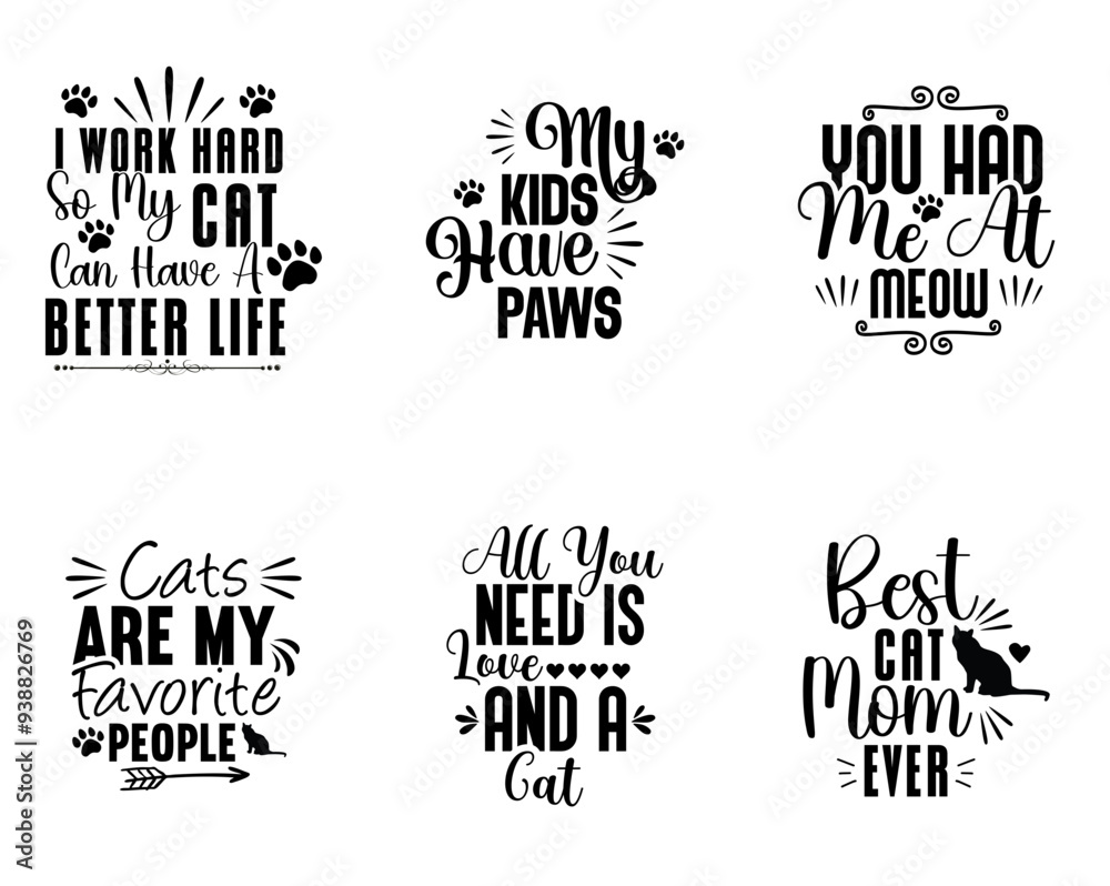 Obraz premium Minimal Cat Labels And Badges, Calligraphy Bundle Vector Illustration for Gift Card, Decal, Logo