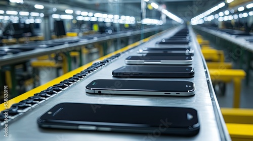 Smartphones move on conveyor belt. A photo that represents the assembly line production of smartphones. photo