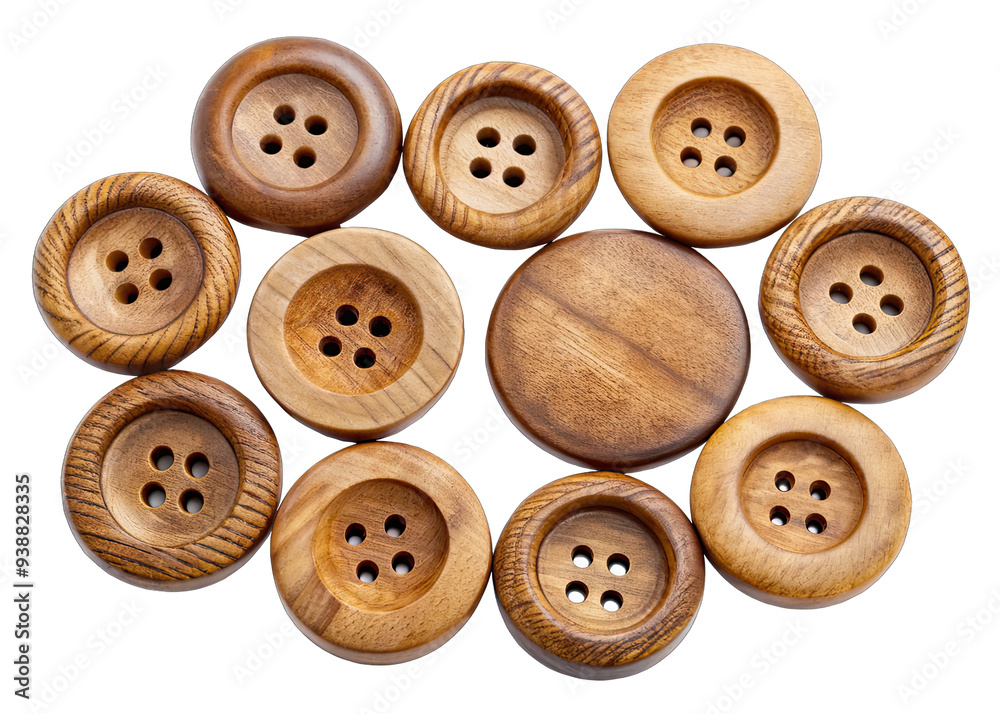 A scattered collection of ten wooden sewing buttons with four holes each. They are arranged in a loose circle on a white background. The buttons are all made from the same type of wood and have a natu