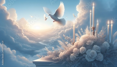 sky funeral background with white dove, copy space for text