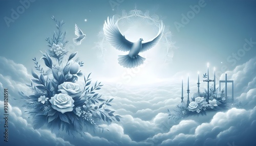 sky funeral background with white dove, copy space for text
