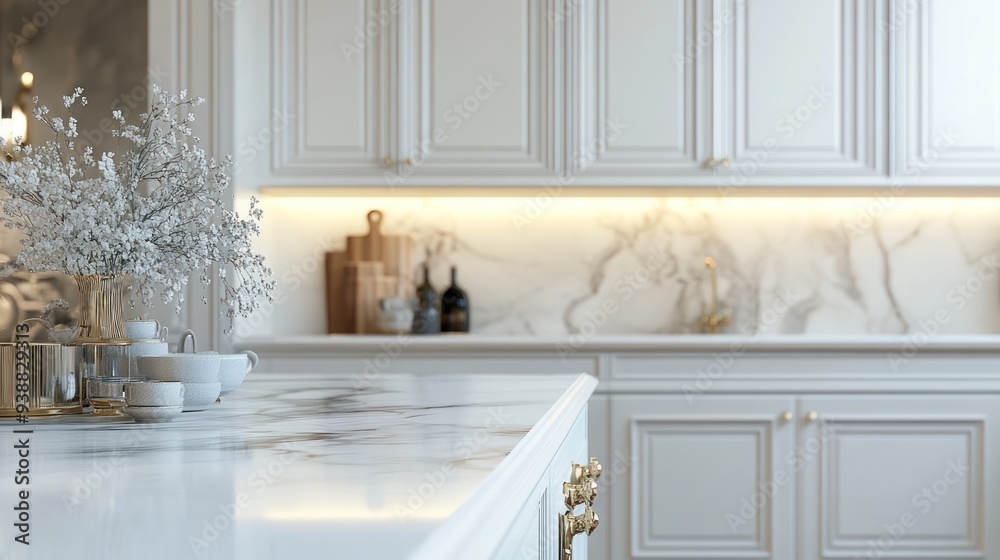 Elegant Kitchen Countertop with White Flowers Elegant Kitchen Countertop with White Flowers