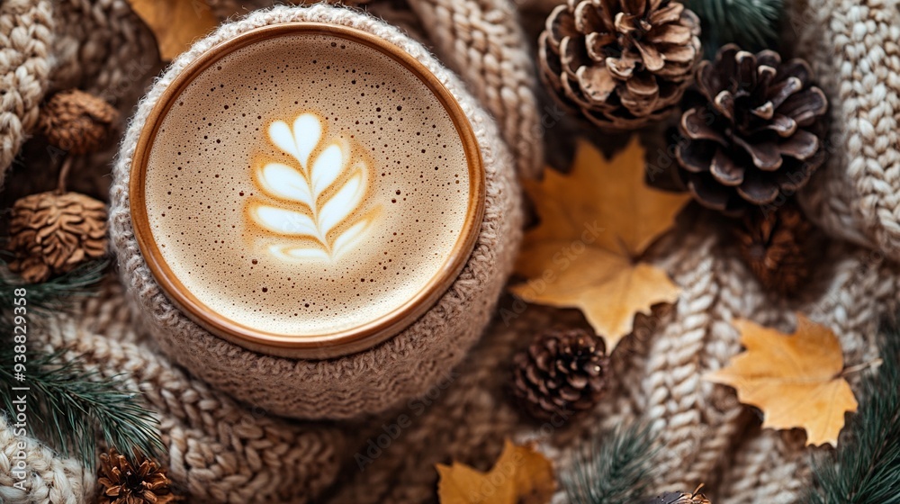 Fototapeta premium Autumn mood flat lay with a knitted sweater, hot coffee, wooden box with pine cones, candle, and wheat on a white table for a cozy hygge home.