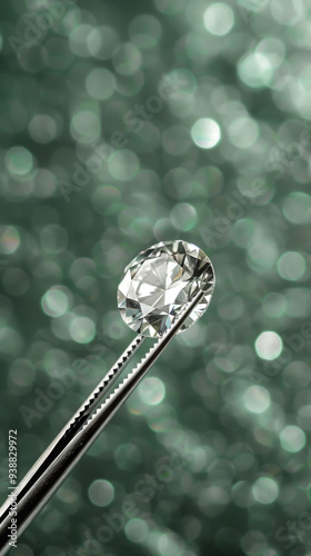 A diamond is being held up by a jeweler's tool