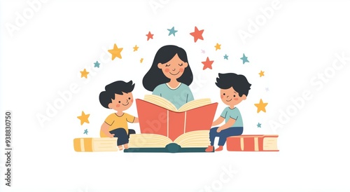 Flat design illustration of a teacher reading to children, woman sitting on the floor with books and kids, surrounded by scattered books and floating yellow stars, magical and educational