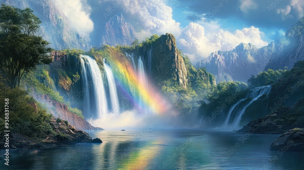 Naklejka premium Majestic Waterfall with Rainbow in a Lush Mountain Valley