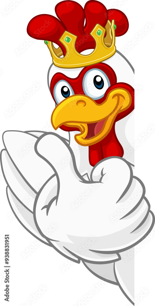 A chicken rooster cockerel bird cartoon character in a kings gold crown peeking around a sign and giving a thumbs up A chicken rooster cockerel bird cartoon character in a kings gold crown peeking around a sign and giving a thumbs up