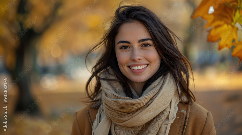 Beautiful Brunette Woman Smiling in Autumn Park with Golden Leaves in Background Beautiful Brunette Woman Smiling in Autumn Park with Golden Leaves in Background