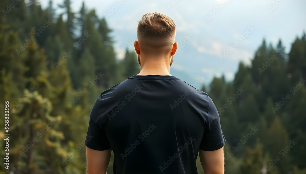 Fototapeta premium mock up of a man wearing a plain black t-shirt from behind, with a mountain forest background with dense green trees