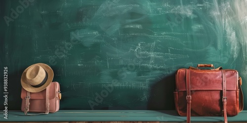 Classic travel motif features a hat and luggage placed against a chalkboard background suggesting exploration. photo