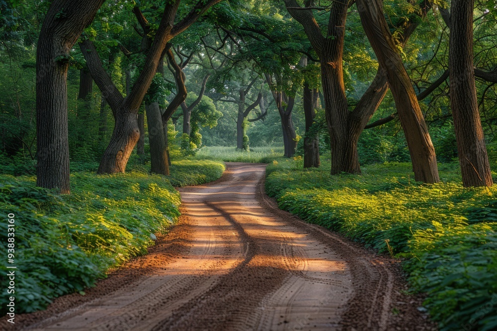 Naklejka premium A winding dirt path through a dense forest, bathed in soft, golden sunlight.