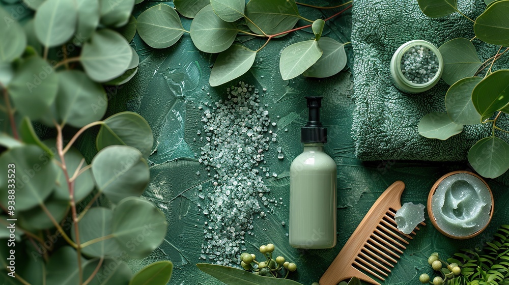 Beauty spa cosmetic products on a green background include a bottle, container, towel, wooden hair comb, organic soap, luffa sponge, and eucalyptus leaf. Minimalist branding mockup.