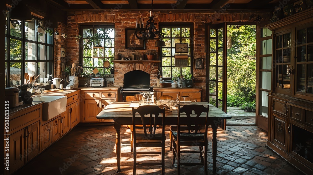 Fototapeta premium Cozy rustic kitchen with wooden furniture, natural light, and charming decor, perfect for family gatherings and cooking.