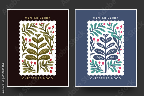 Christmas tree abstract floral matisse minimal style. hand drawn flat and textured design art set for wall decor, post card, poster, cover.