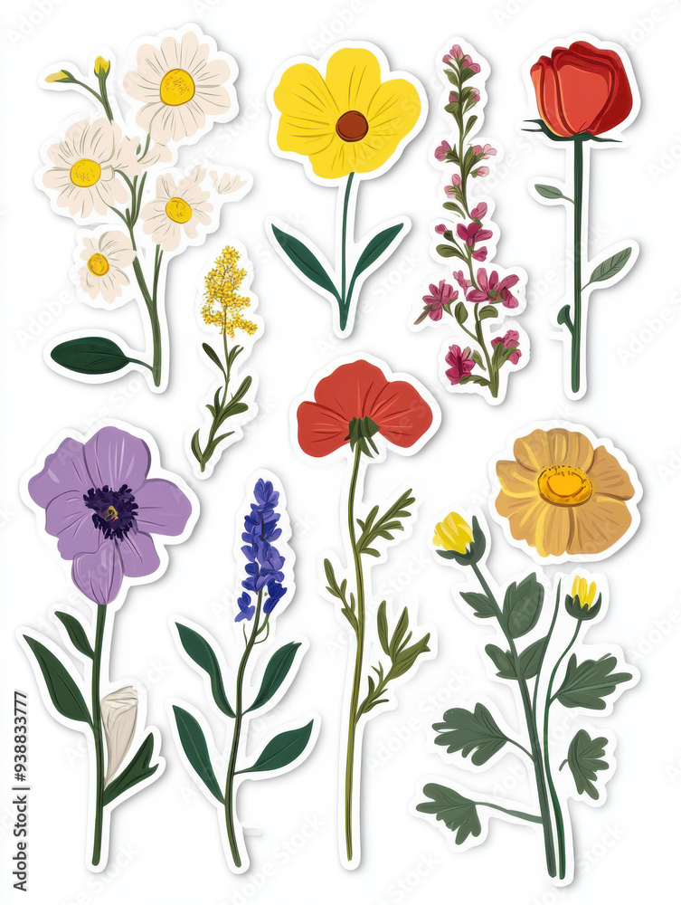 A set of 10 flower-themed stickers designed in a cute, minimalist style. Each sticker features a simple, vector icon design with bold lines and flat colors, making them perfect for pocket stickers. A set of 10 flower-themed stickers designed in a cute, minimalist style. Each sticker features a simple, vector icon design with bold lines and flat colors, making them perfect for pocket stickers.