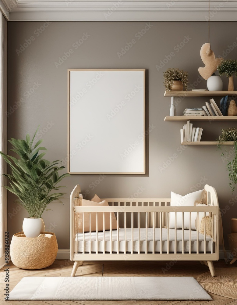 Blank Wall Mock-Up in Scandinavian Nursery, Cozy Interior, 3D Render Blank Wall Mock-Up in Scandinavian Nursery, Cozy Interior, 3D Render