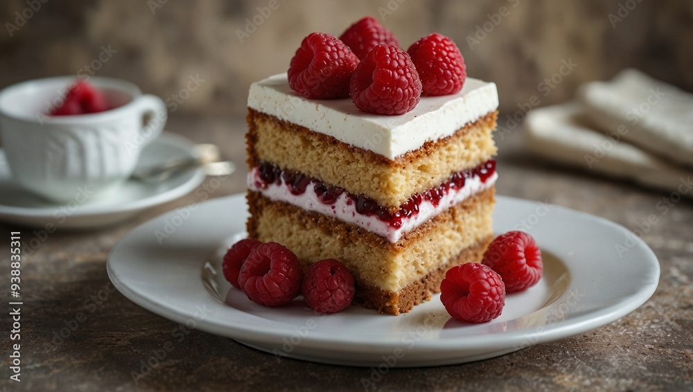 photo of a slice of sponge cake with cream and berry topping that looks delicious made by AI generative photo of a slice of sponge cake with cream and berry topping that looks delicious made by AI generative