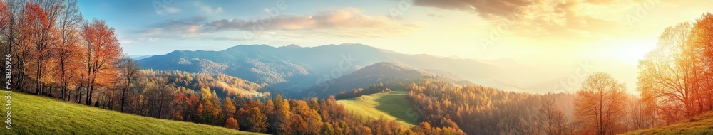 Fototapeta premium Vibrant fall landscape with colorful leaves and mountains at sunset