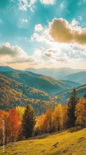 Vibrant fall landscape with colorful trees under a clear sky at sunset