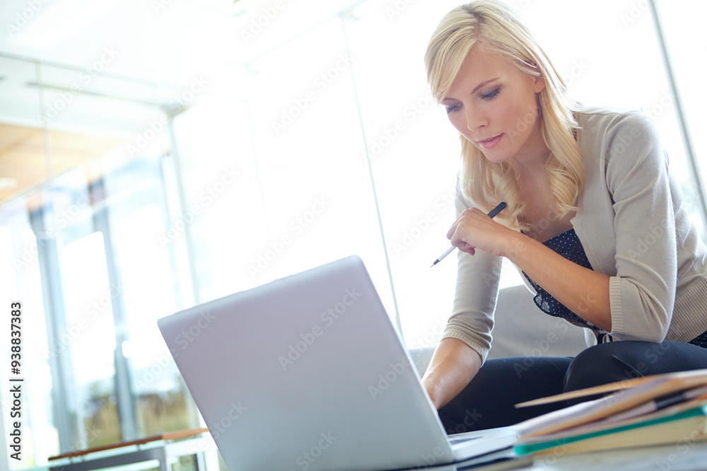 Business, thinking and woman with laptop, typing and connection with research, risk management and email notification. Modern office, employee and consultant with pc, proposal and compliance policy Business, thinking and woman with laptop, typing and connection with research, risk management and email notification. Modern office, employee and consultant with pc, proposal and compliance policy