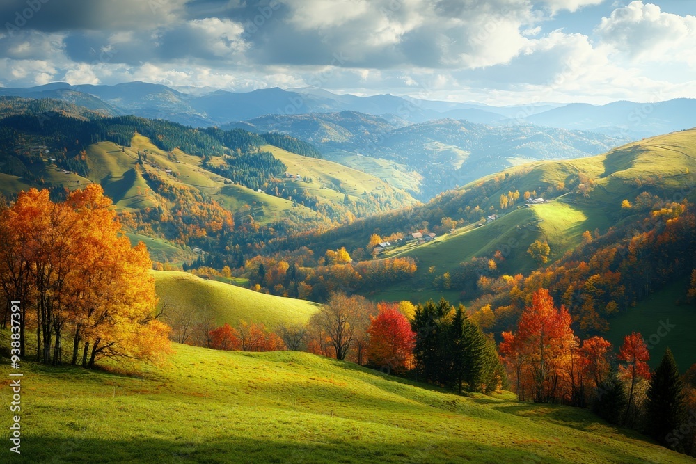 Obraz premium Vibrant fall landscape with rolling hills and colorful foliage