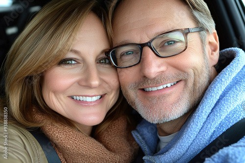 Cheerful middle-aged couple capturing a selfie inside their car, both wearing seatbelts and smiling, with the car’s interior prominently featured.